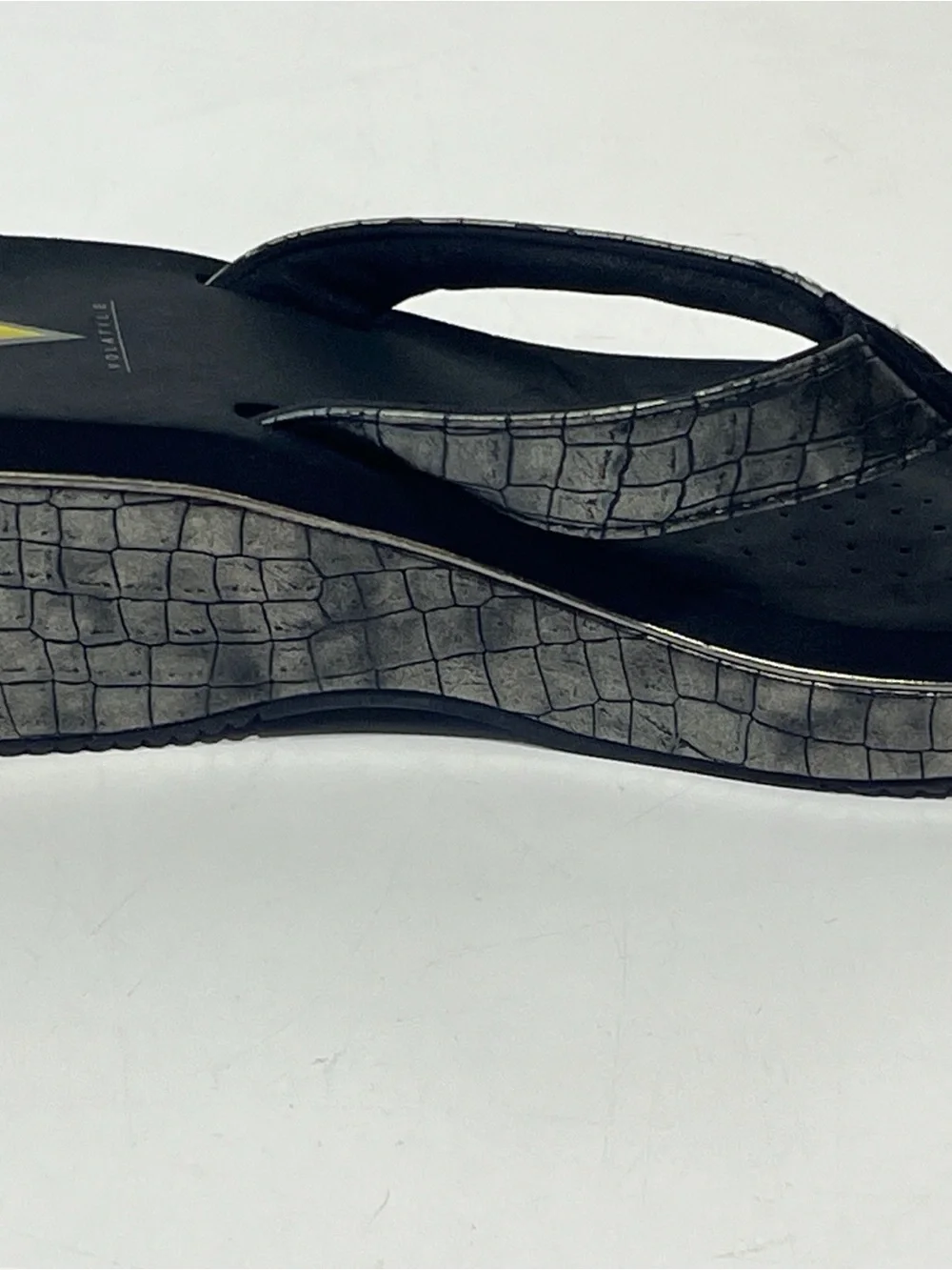 Volatile Metallic Black Croc-Embossed Wedge Thong Sandals